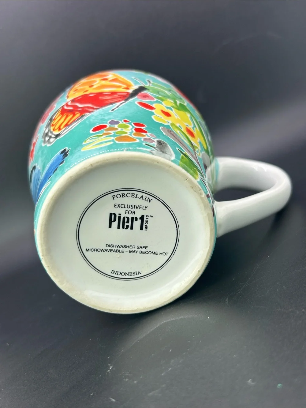 Vintage Pier 1 Colorful Butterfly Floral Ceramic Mug Cup Turquoise Background